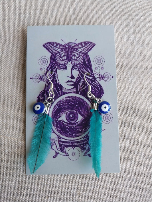 Evil eye teal feather earrings