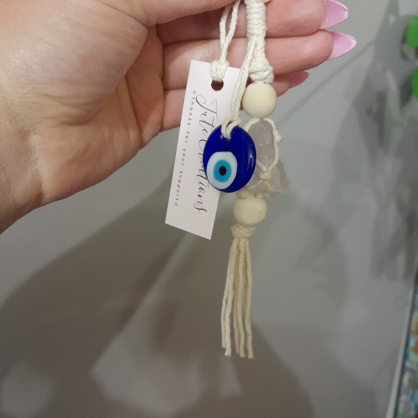 Evil eye & rose quartz keychain